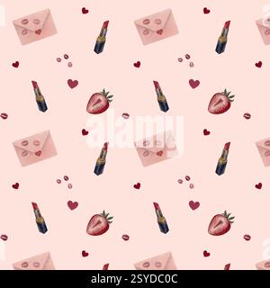 Fantasia romantica senza cuciture con rossetto, busta, fragola e cuori Foto Stock