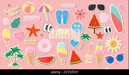 Una collezione di adesivi o icone di cartoni animati su sfondo rosa. Illustrazione Vettoriale