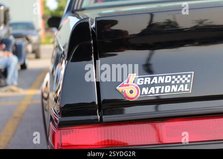 Primo piano dell'estremità posteriore di una Buick Grand National nera, con il suo emblema iconico e la vernice lucida. Foto Stock