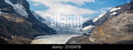 Vista panoramica del ghiacciaio Athabasca nel Columbia Icefield, banner web del parco nazionale Jasper, Montagne Rocciose, Alberta, Canada Foto Stock