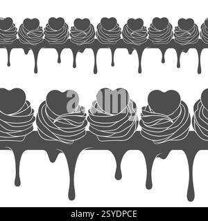 Motivo orizzontale senza cuciture con torta panna decorata con cuori. Sfondo bianco e nero vettoriale. Illustrazione Vettoriale