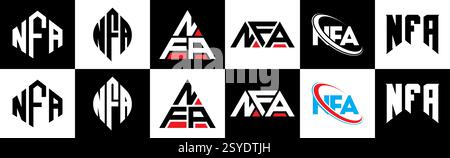 Logo NFA Letter in sei stili. Poligono NFA, cerchio, triangolo, esagono, piatto e semplice con logo lettera di variazione colore bianco e nero Illustrazione Vettoriale
