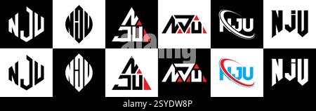 Logo NJU Letter in sei stili. Poligono NJU, cerchio, triangolo, esagono, piatto e semplice con logo lettera variazione colore bianco e nero Illustrazione Vettoriale