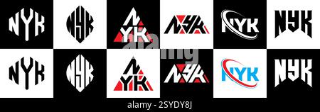 Logo NYK Letter in stile sei. Poligono, cerchio, triangolo, esagono, piatto e semplice NYK con logo lettera variazione colore bianco e nero Illustrazione Vettoriale