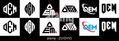 Design con logo lettera OEM in sei stili. Poligono, cerchio, triangolo, esagono, piatto e semplice con logo lettera di variazione colore bianco e nero Illustrazione Vettoriale