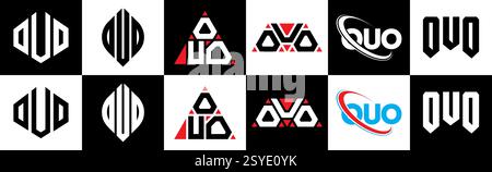 Logo OUO Letter in sei stili. Poligono OUO, cerchio, triangolo, esagono, piatto e semplice con logo lettera variazione colore bianco e nero Illustrazione Vettoriale