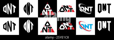 Logo ONT Letter in sei stili. Poligono, cerchio, triangolo, esagono, piatto e semplice ONT con logo lettera di variazione colore bianco e nero Illustrazione Vettoriale