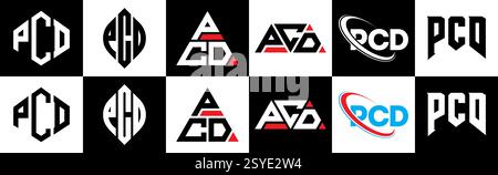 Design con logo PCD Letter in sei stili. Poligono PCD, cerchio, triangolo, esagono, piatto e semplice con logo lettera variazione colore bianco e nero Illustrazione Vettoriale