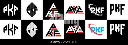 Logo PKF Letter in sei stili. Poligono PKF, cerchio, triangolo, esagono, piatto e semplice con logo lettera variazione colore bianco e nero Illustrazione Vettoriale