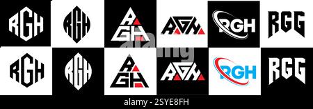 Logo RGH Letter in sei stili. Poligono RGH, cerchio, triangolo, esagono, piatto e semplice con logo lettera variazione colore bianco e nero Illustrazione Vettoriale