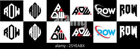 Logo ROW Letter in sei stili. Poligono A RIGHE, cerchio, triangolo, esagono, piatto e semplice con logo lettera di variazione colore bianco e nero Illustrazione Vettoriale