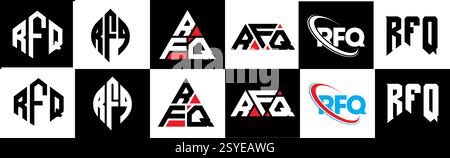 Logo con lettera RFQ in sei stili. Poligono, cerchio, triangolo, esagono, piatto e semplice RFQ con logo lettera di variazione colore bianco e nero Illustrazione Vettoriale