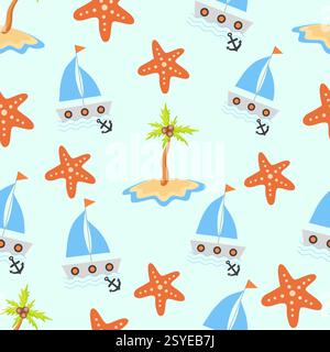 colorato motivo di mare estivo con barca, palme e stelle marine. illustrazione vettoriale Illustrazione Vettoriale