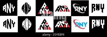Design con logo RNY Letter in sei stili. Poligono RNY, cerchio, triangolo, esagonale, piatto e semplice con logo lettera variazione colore bianco e nero Illustrazione Vettoriale