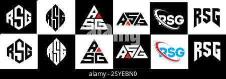 Logo RSG Letter in sei stili. Poligono RSG, cerchio, triangolo, esagono, piatto e semplice con logo lettera di variazione colore bianco e nero Illustrazione Vettoriale
