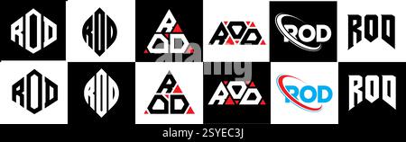 Design con logo a forma DI lettera ROD in sei stili. Poligono AD ASTA, cerchio, triangolo, esagono, piatto e semplice con logo lettera di variazione colore bianco e nero Illustrazione Vettoriale