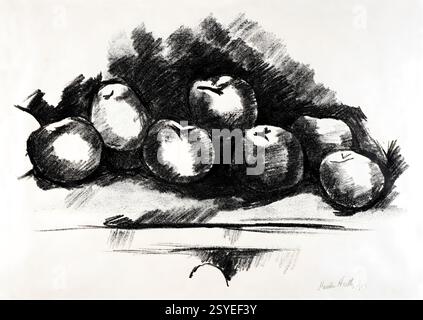 Meles on Table di Marsden Hartley 1923 Monochromatic Still Life Painting Public Domain High Resolution American Modern Art Foto Stock