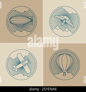 Set di icone rotonde con logo. Trasporto aereo e volo. Illustrazione Vettoriale
