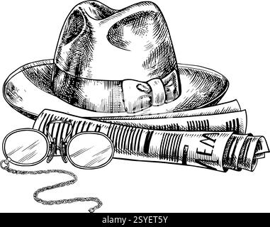 Cappello da uomo, giornale, occhiali e gemelli. Un'illustrazione grafica vettoriale disegnata a mano. Immagine in bianco e nero con tema maschile. Per le cartoline, bann Illustrazione Vettoriale