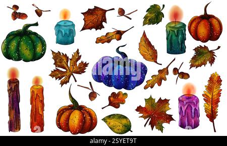 Set autunnale Clipart con foglie autunnali, zucche, ghiande e candele. Illustrazione digitale acquerello Foto Stock