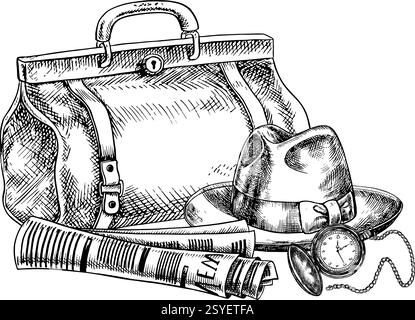 Cappello da uomo, giornale, orologio e sigaro. Un'illustrazione grafica vettoriale disegnata a mano. Immagine in bianco e nero con tema maschile. Per le cartoline, i banner AN Illustrazione Vettoriale