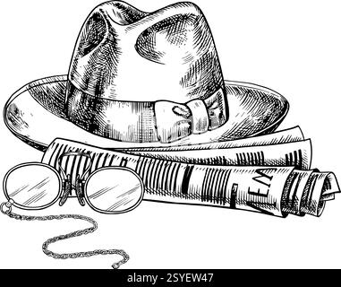 Cappello da uomo, giornale, occhiali e gemelli. Un'illustrazione grafica vettoriale disegnata a mano. Immagine in bianco e nero con tema maschile. Per le cartoline, bann Illustrazione Vettoriale