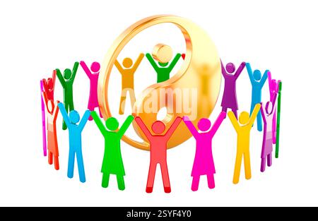 Simbolo Yin e yang al centro della comunità di persone, rendering 3D isolato su sfondo bianco Foto Stock