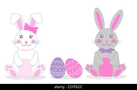 Simpatici coniglietti di cartoni animati con uova di Pasqua colorate per le festività primaverili Illustrazione Vettoriale
