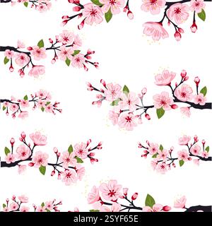 Motivo vettoriale senza cuciture con delicati rami in fiore di ciliegio su sfondo bianco Illustrazione Vettoriale