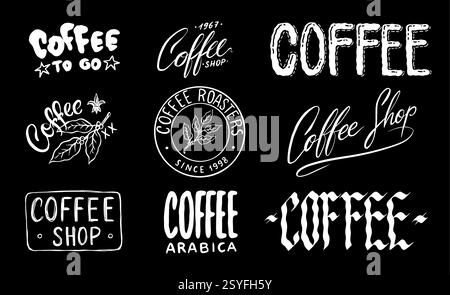 Distintivi o emblemi del caffè per il tuo negozio o pacchetto. Da andare e caffè arabica. Design semplici pronti per l'uso in azienda. Gotico e tradizionale Illustrazione Vettoriale