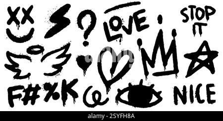 Spruzzare elementi e virgolette di graffiti. Amore e pace, corona e sorriso con ali di cuore e angelo in stile Street art disegnato a mano. Fatto a mano Illustrazione Vettoriale