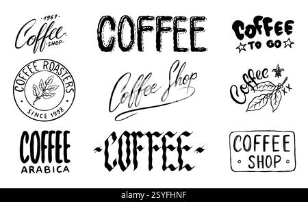 Distintivi o emblemi del caffè per il tuo negozio o pacchetto. Da andare e caffè arabica. Design semplici pronti per l'uso in azienda. Gotico e tradizionale Illustrazione Vettoriale