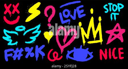 Spruzzare elementi e virgolette di graffiti. Amore e pace, corona e sorriso con ali di cuore e angelo in stile Street art disegnato a mano. Fatto a mano Illustrazione Vettoriale