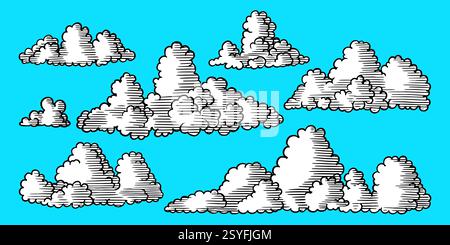 Nuvole disegnate a mano in uno stile accattivante e monocromatico. incisioni grandi e piccole in forme diverse per cuscini o prodotti tessili. Vintage tradizionale Illustrazione Vettoriale