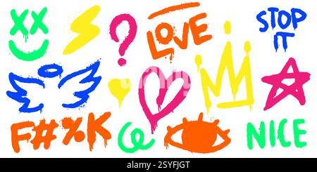 Spruzzare elementi e virgolette di graffiti. Amore e pace, corona e sorriso con ali di cuore e angelo in stile Street art disegnato a mano. Fatto a mano Illustrazione Vettoriale