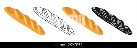 Set icone pane baguette francese per cuocere il pane. Pane disegnato a mano pasticceria al forno grano diversi stili doodle contorno silhouette set di cartoni animati. Per prodotti da forno, menu di prodotti alimentari, ricettari, pasticceria vettoriale Illustrazione Vettoriale