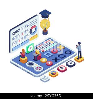 Contenuti formativi interattivi isometrici con quiz drag and drop e interazione con gli studenti. Concetto di contenuti didattici interattivi Illustrazione Vettoriale