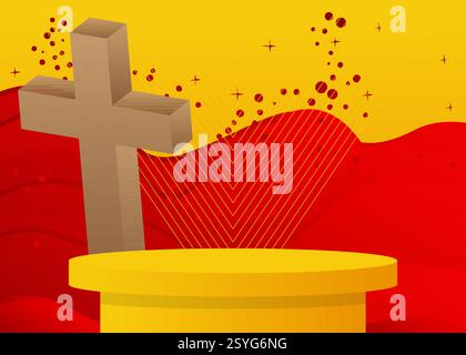 Esposizione di prodotti mockup con croce di religione, Crocifisso. Podio del supporto del cilindro vettoriale. Vetrina per la presentazione. Forme geometriche minime. Illustrazione Vettoriale
