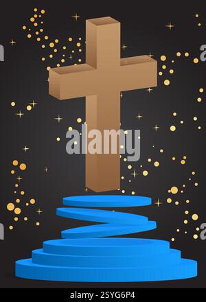 Esposizione di prodotti mockup con croce di religione, Crocifisso. Podio del supporto del cilindro vettoriale. Vetrina per la presentazione. Forme geometriche minime. Illustrazione Vettoriale