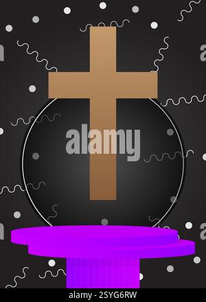 Esposizione di prodotti mockup con croce di religione, Crocifisso. Podio del supporto del cilindro vettoriale. Vetrina per la presentazione. Forme geometriche minime. Illustrazione Vettoriale