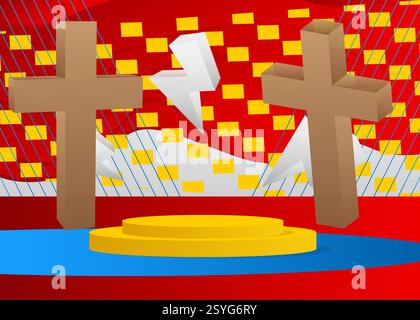 Esposizione di prodotti mockup con croce di religione, Crocifisso. Podio del supporto del cilindro vettoriale. Vetrina per la presentazione. Forme geometriche minime. Illustrazione Vettoriale