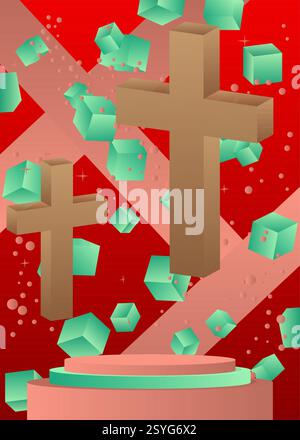 Esposizione di prodotti mockup con croce di religione, Crocifisso. Podio del supporto del cilindro vettoriale. Vetrina per la presentazione. Forme geometriche minime. Illustrazione Vettoriale