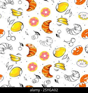Motivo senza cuciture che mostra croissant, limoni, ciliegie e ciambelle disegnati a mano in uno stile stravagante. Foto Stock