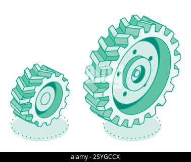 Isometric tractor wheel. Big and small size. Vector illustration. Icon isolated on white background. Heavy duty truck wheel. Outline style. Illustrazione Vettoriale