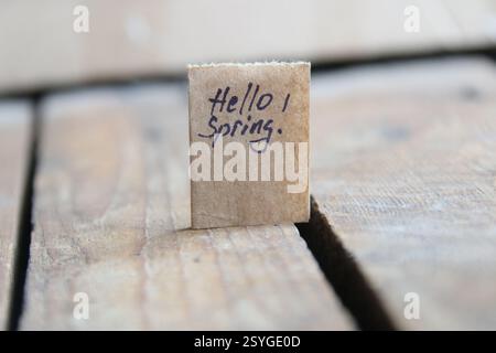 Ciao primavera. L'iscrizione su un'etichetta. Concetto di biglietto d'auguri. Foto Stock