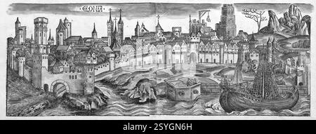 Vista sulla città medievale, vista generale di Colonia o Colonia, boscata, da: Schedell'sche Weltchronik, Hartmann Schedel 1493 Foto Stock