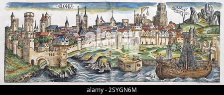 Vista sulla città medievale, vista generale di Colonia o Colonia, boscaglia dai vecchi colori da: Schedell'sche Weltchronik, Hartmann Schedel 1493 Foto Stock