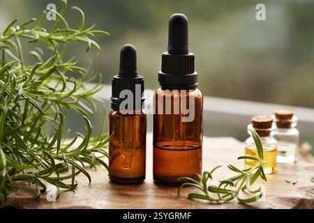 Bottiglie di olio essenziale per aromaterapia con ramoscelli di rosmarino freschi Foto Stock