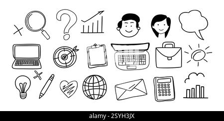 Oggetti correlati all'azienda e icone di elementi scarabocchi Illustrazione Vettoriale