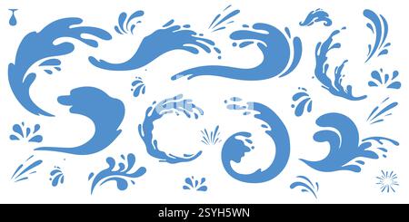 La corona d'acqua spruzza e ondeggia con gocce. Liquido blu trasparente vettoriale che spruzza liquidi con gocce Illustrazione Vettoriale